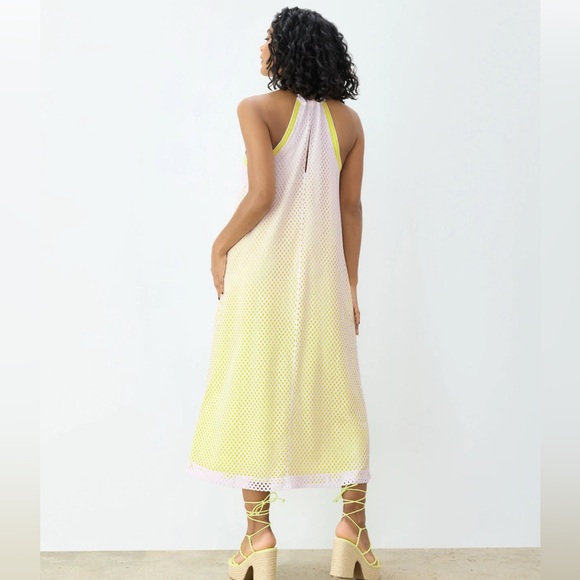 GSTQ Mesh Maxi Dress Yellow Halter Sundress with side pockets - Picture 4 of 8